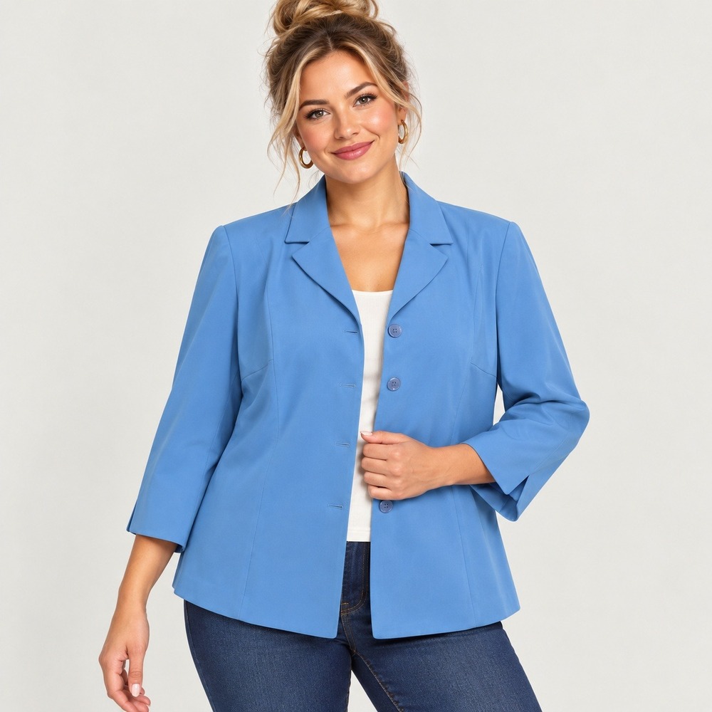 Donna Sands Blazer Woman Plus 18W Blue 3/4 Sleeve Button Front Career Jacket NWT